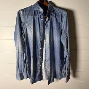 Bugatchi Long Sleeve Button Up Shirt 8-Way Stretch Blue & White Dimensional M